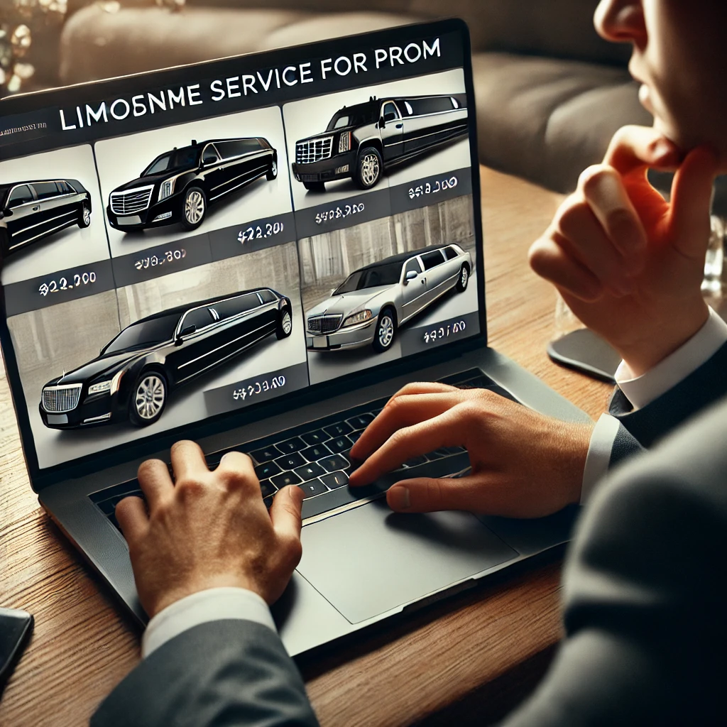DALL·E 2024 09 09 05.50.37 A professional looking person booking a limousine service for prom on their laptop reviewing different limo options. The screen shows images of sleek The Ultimate Prom Experience: Why Limo Services Are a Must-Have