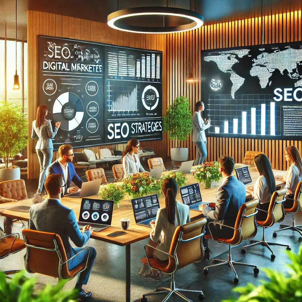 DALL·E 2025-01-02 12.46.56 - A modern office workspace depicting a team of digital marketers and SEO experts collaborating on a project. The setting includes sleek laptops, charts