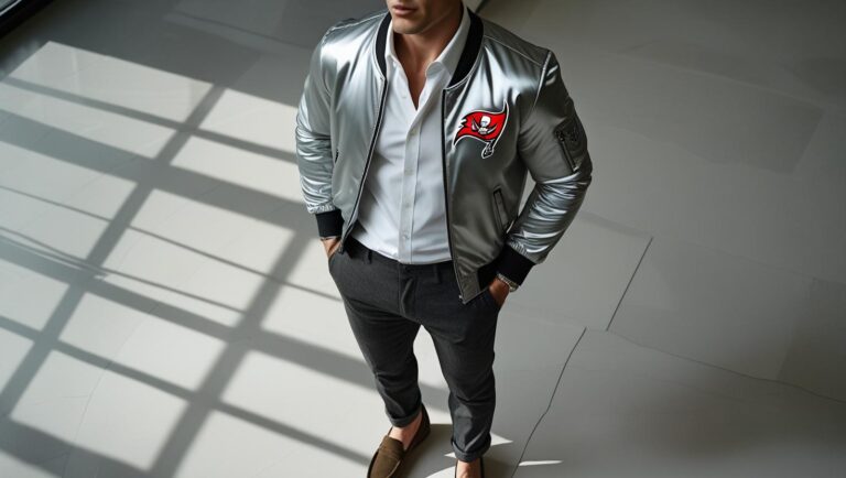 men in tampa bay bucs jacket with casual outfit