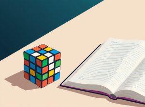 “Rubik’s Cube with notebook symbolizing brain development and cognitive benefits for kids and adults.”